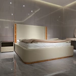 Diamond-Quilted Leather Bed with Natural Burl Wood Accents & Soft Upholstered Frame